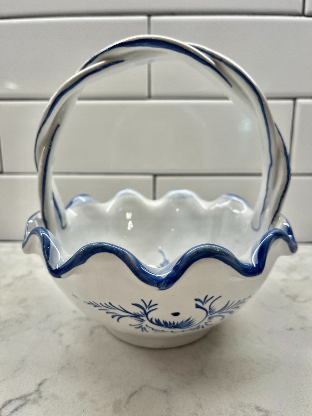Vintage Hand-Painted Ceramic Basket from Portugal
